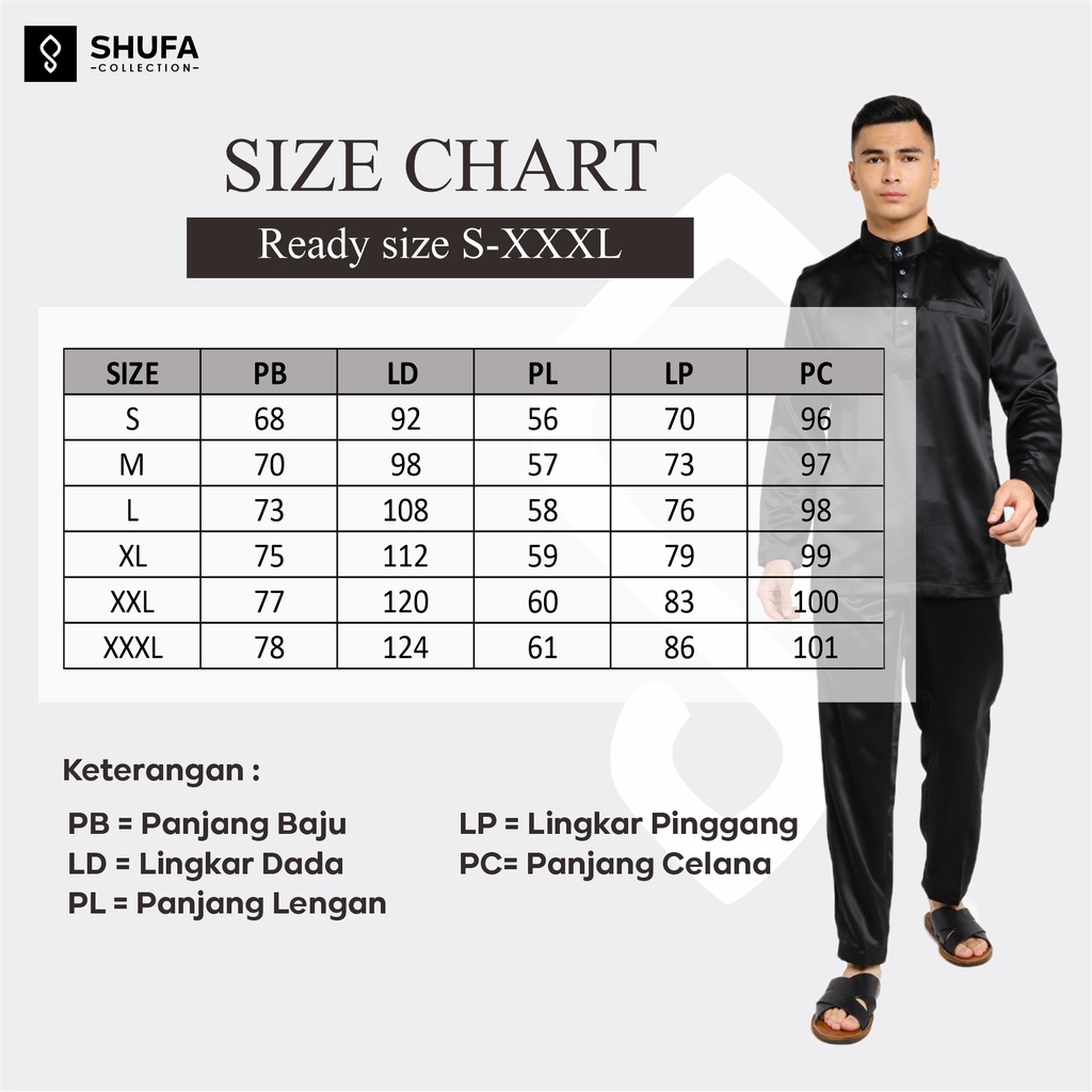 Baju Koko Pria Melayu Cekak Musang Bahan Satin Setelan Muslim Kurung Teluk Belanga Hitam