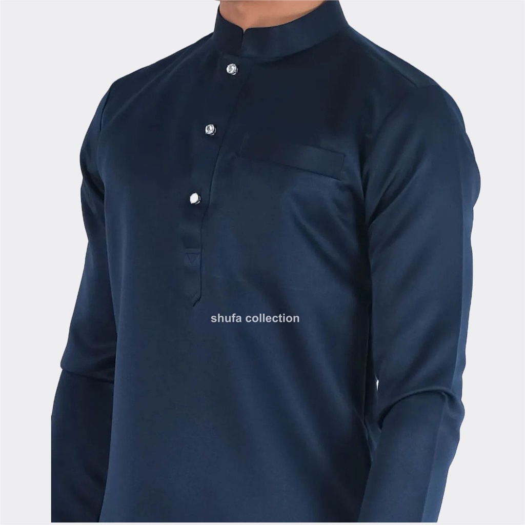Baju Koko Pria Melayu 3 Kancing Butang Teluk Belanga Navy Bahan Satin Setelan Muslim Kurung Cekak Musang Shufa Collection