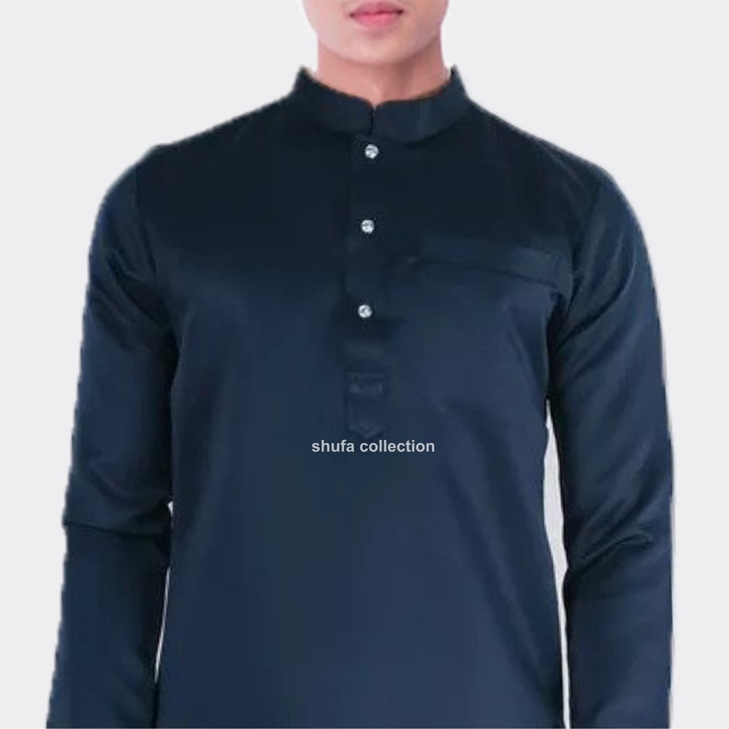Baju Koko Pria Melayu 3 Kancing Butang Teluk Belanga Navy Bahan Satin Setelan Muslim Kurung Cekak Musang Shufa Collection