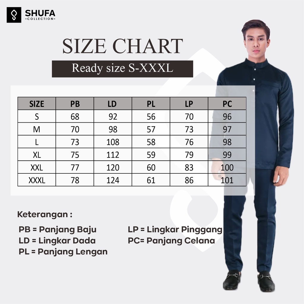 Baju Koko Pria Melayu 3 Kancing Butang Teluk Belanga Navy Bahan Satin Setelan Muslim Kurung Cekak Musang Shufa Collection