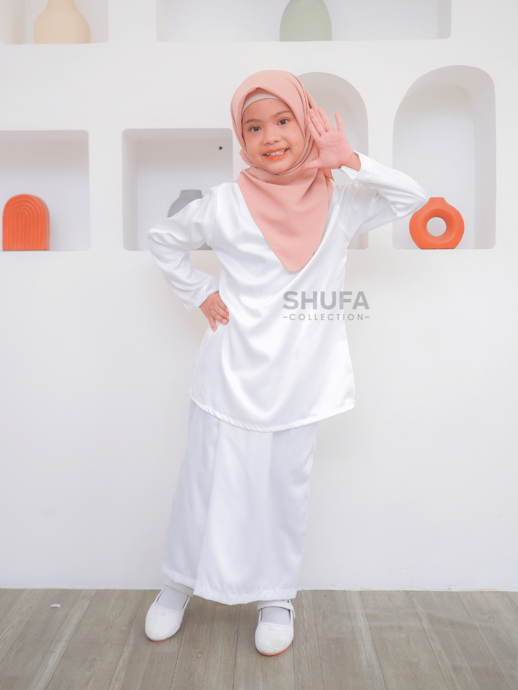 Baju Setelan Kurung Anak Melayu Perempuan Modern Adat Malaysia Wanita Putih Bersih