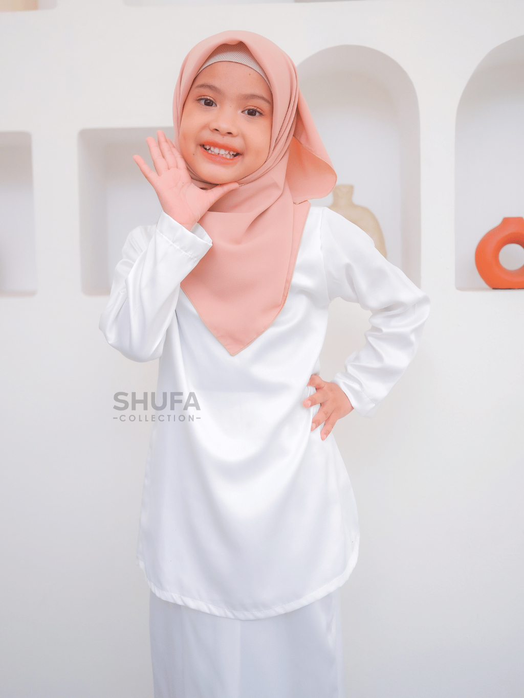 Baju Setelan Kurung Anak Melayu Perempuan Modern Adat Malaysia Wanita Putih Bersih