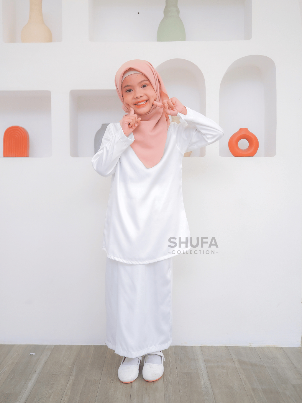 Baju Setelan Kurung Anak Melayu Perempuan Modern Adat Malaysia Wanita Putih Bersih