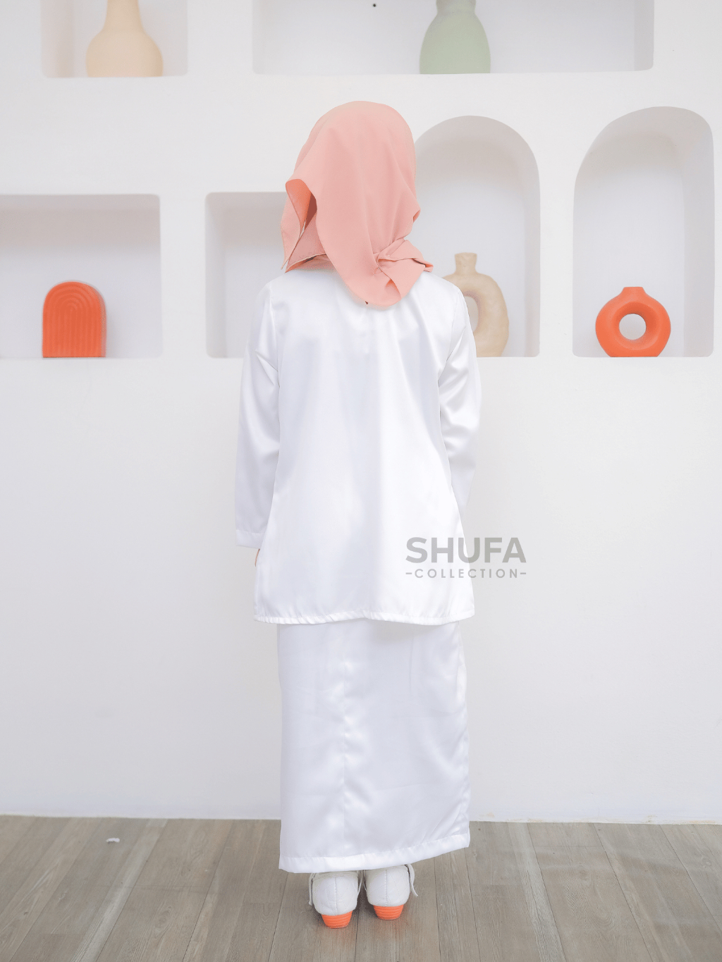 Baju Setelan Kurung Anak Melayu Perempuan Modern Adat Malaysia Wanita Putih Bersih