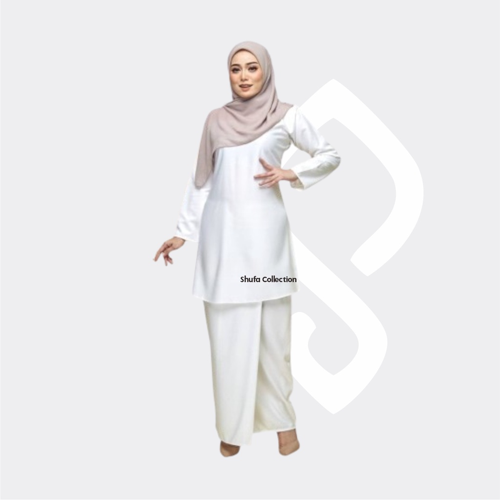 Baju Setelan Kurung Melayu Wanita Modern Adat Malaysia Perempuan Putih Tulang