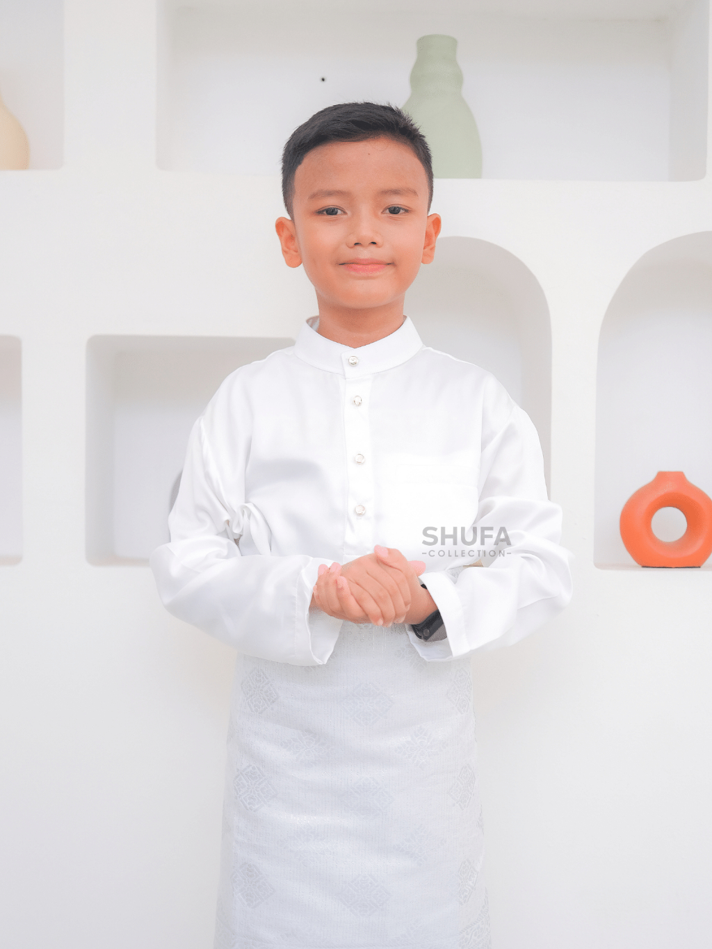 Baju Setelan Melayu Anak Muslim 1-14 Tahun Motif Koko Laki Laki Bahan Satin Premium Putih