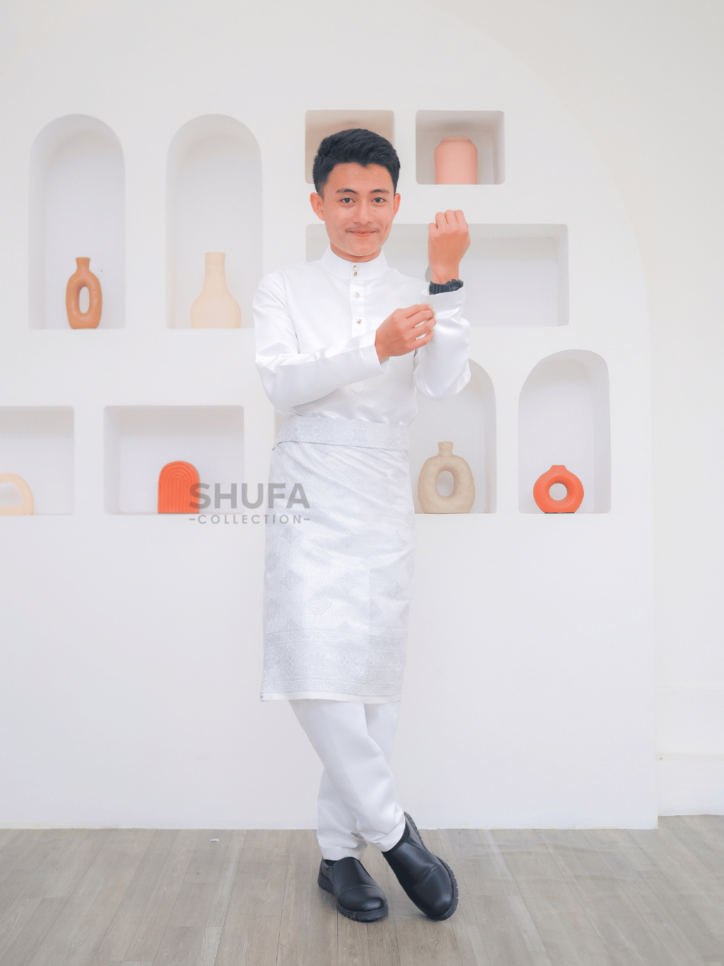 Baju Akad Melayu Pria Cekak Musang Setelan Muslim Kurung Teluk Belanga Putih Bahan Bridal