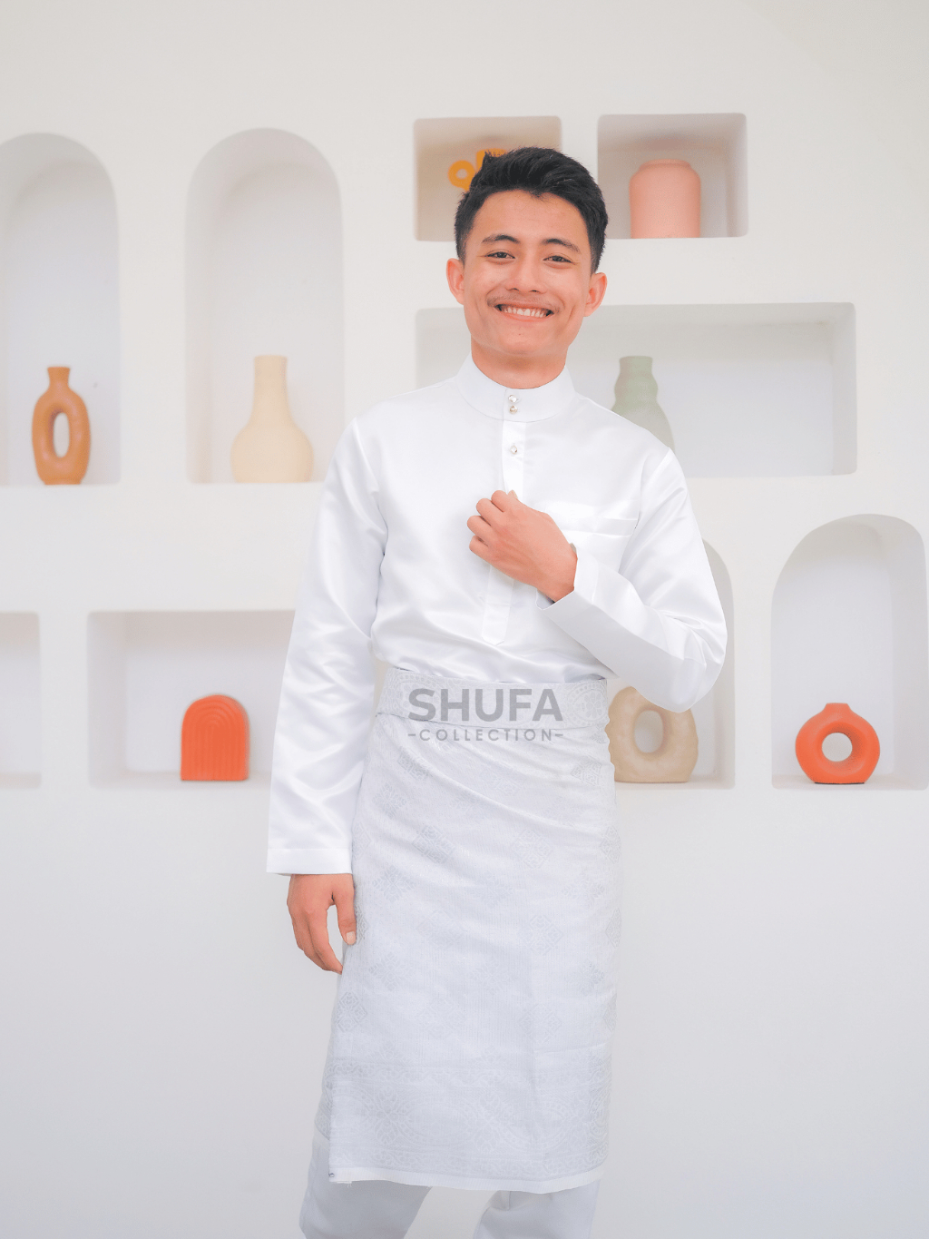 Baju Akad Melayu Pria Cekak Musang Setelan Muslim Kurung Teluk Belanga Putih Bahan Bridal