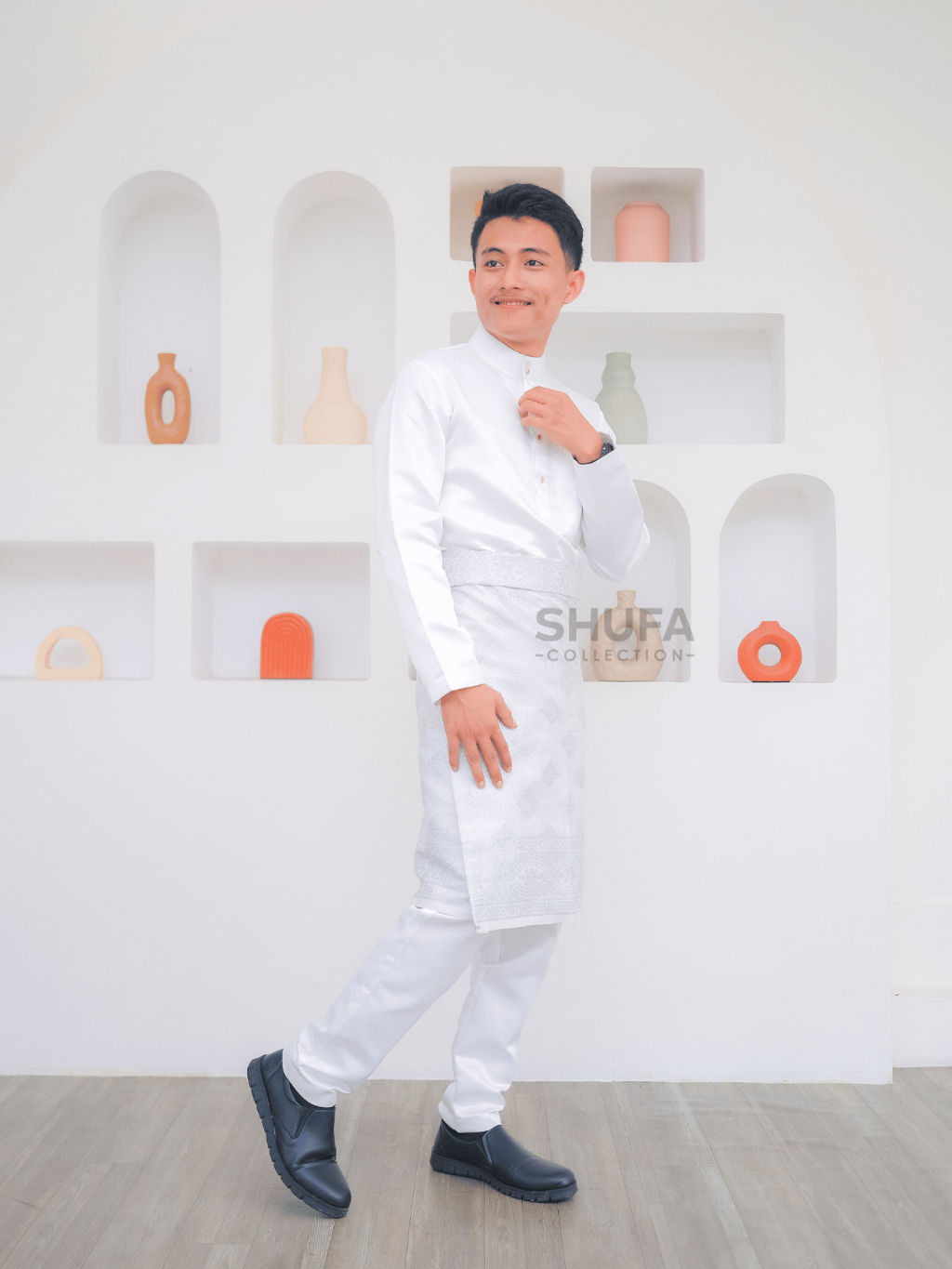 Baju Akad Melayu Pria Cekak Musang Setelan Muslim Kurung Teluk Belanga Putih Bahan Bridal