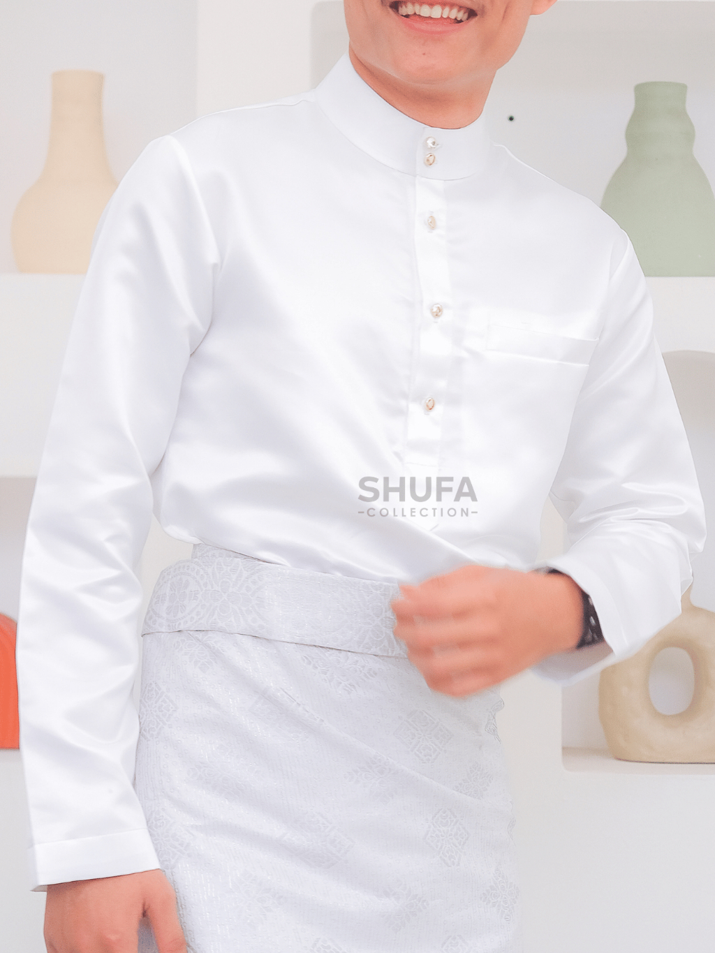 Baju Akad Melayu Pria Cekak Musang Setelan Muslim Kurung Teluk Belanga Putih Bahan Bridal