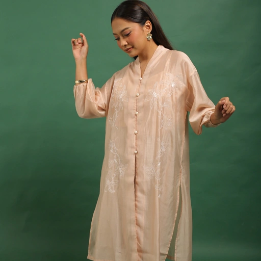 Image of KartinisLabel - KIRANA - Atasan Long Sheer Tunic with Floral Embroidery"