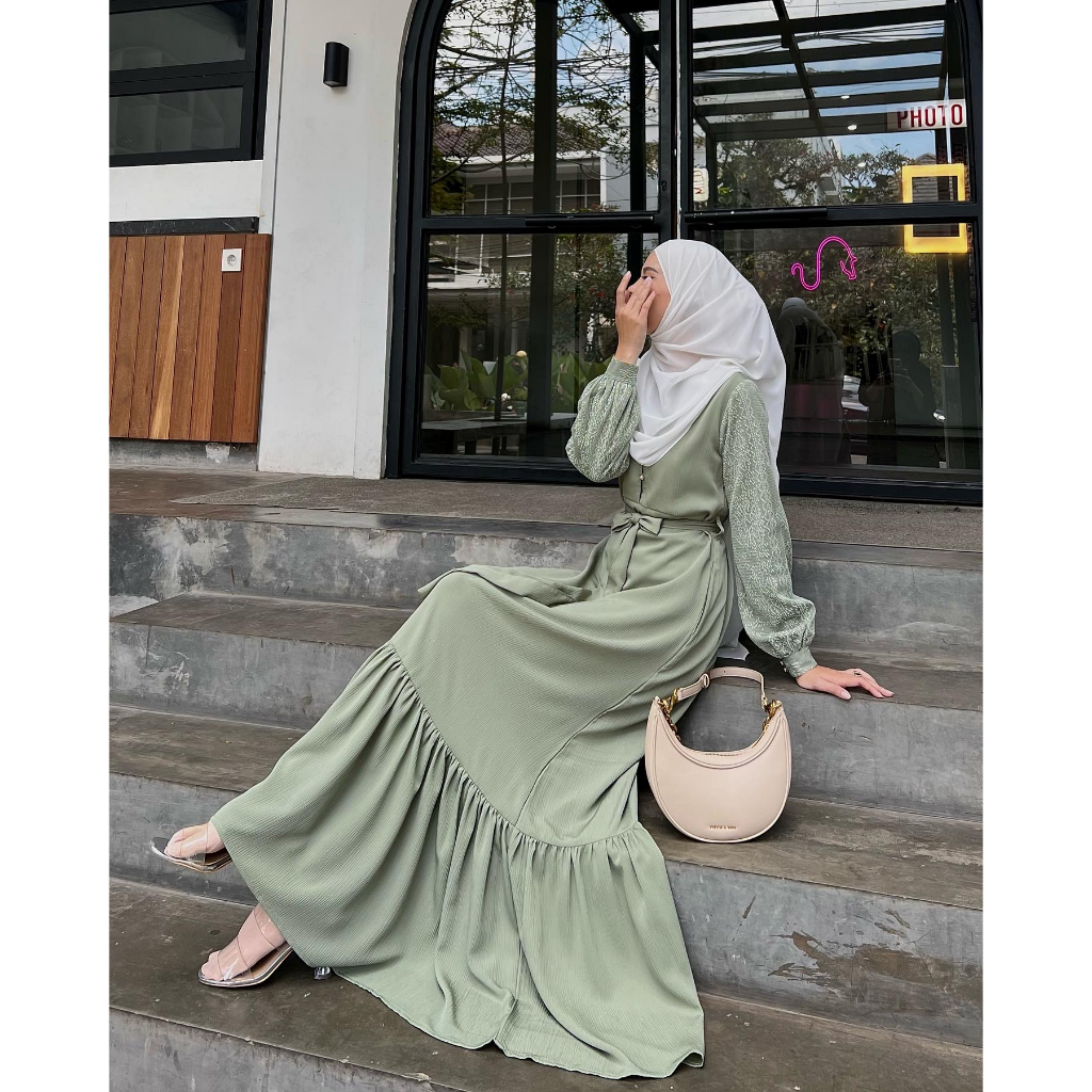 Evolvere - Queena Dress Shine Lux Gamis Muslim Wanita Busui dan Free Belt