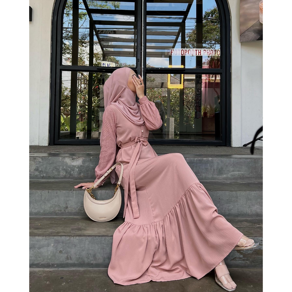 Evolvere - Queena Dress Shine Lux Gamis Muslim Wanita Busui dan Free Belt