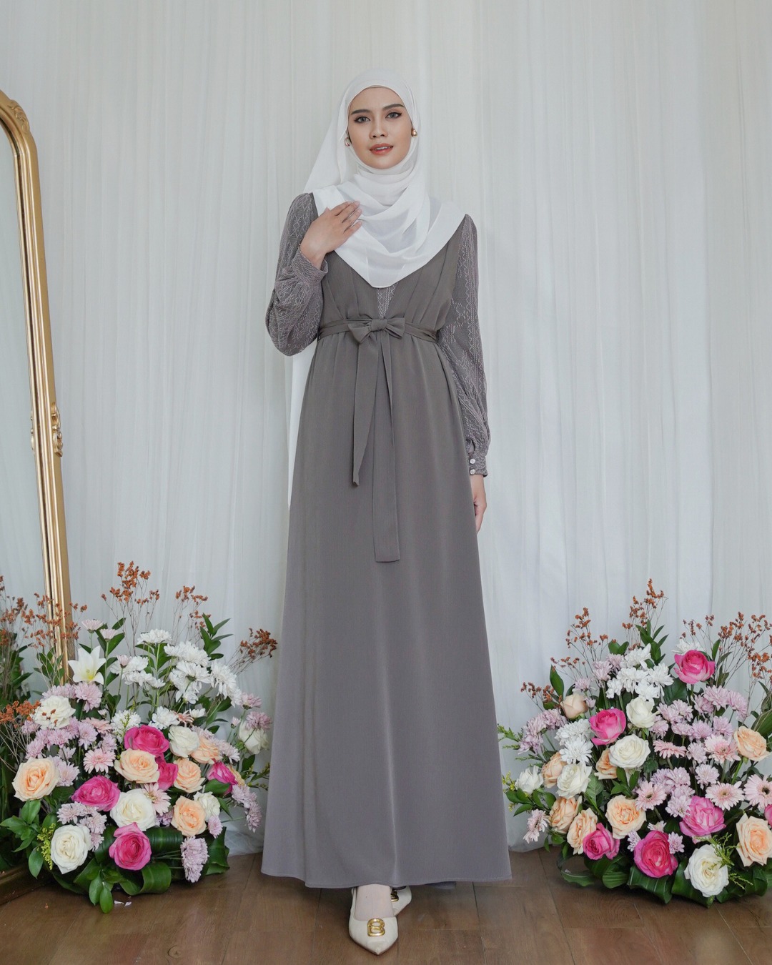 Evolvere - Ilona Dress Shine Lux Mix Brukat Fashion Gamis Muslim Wanita Busui Friendly ( Free Belt )
