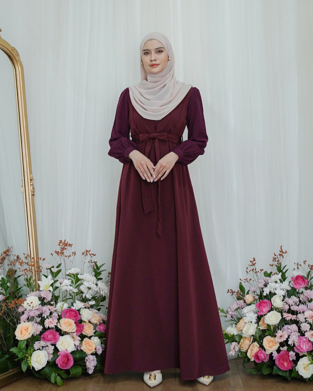 Evolvere - Ilona Dress Shine Lux Mix Brukat Fashion Gamis Muslim Wanita Busui Friendly ( Free Belt )
