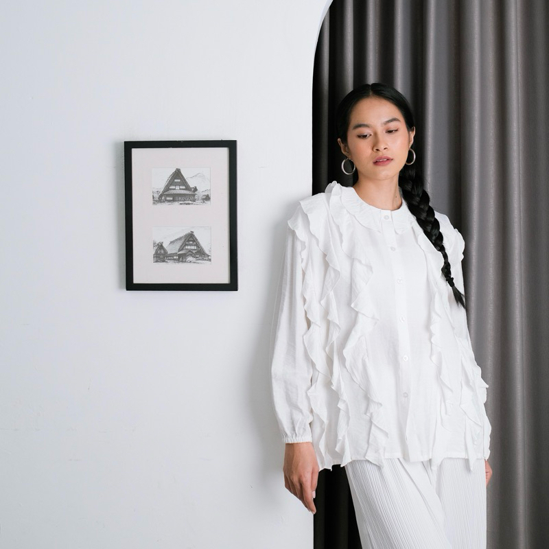 Renaette - KAYRA BLOUSE - Atasan Wanita - Baju Ruffle Kekinian - Blouse Kemeja Kerja - Blouse Korea Elegan