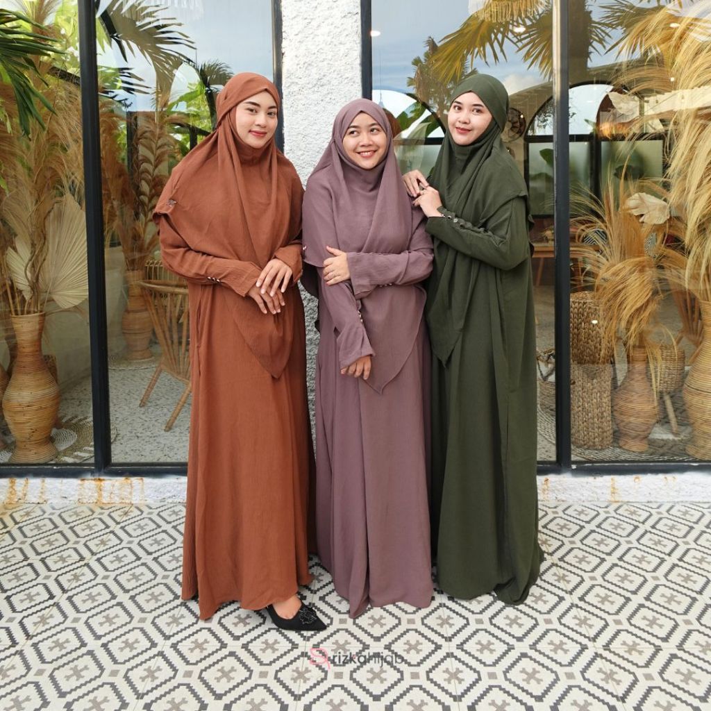RIZKA HIJAB New Shafeeya Abaya Set French Khimar Gamis Syar'i Turkey Arab Umroh Haji Crinkle Mewah