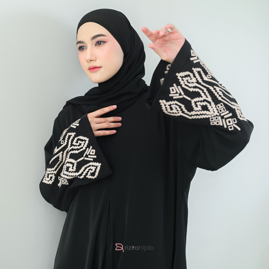 RIZKA HIJAB Janette Abaya Bordir Tangan Dubai Gamis Hitam Mewah Hokaido Arabian Turkey Umroh Haji