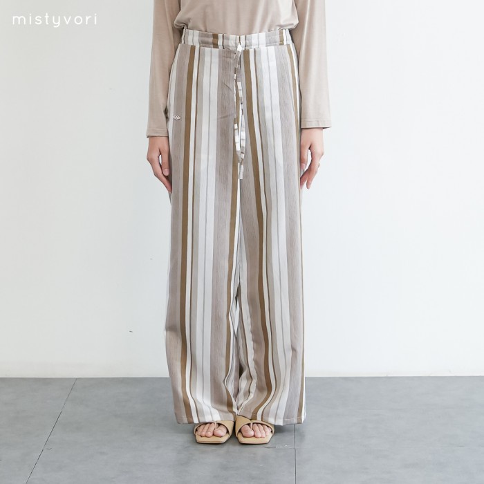Mistyvori Kimi pants Celana Kulot Wanita Panjang Ribbon Nyaman Brown Salur Karet Melar Bawahan Wolfis