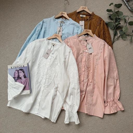 Image of Oclo Kazka Shirt Basic Atasan Kemeja Katun Renda Pita Wanita Lengan Panjang Terbaru OCL02424
