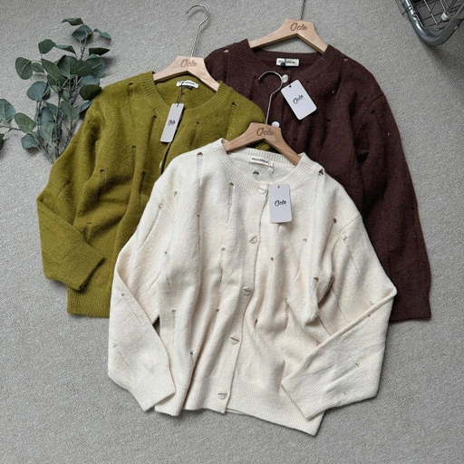 Image of Oclo Oshika Cardi Knit Rajut Sweater Ripped Atasan Cardigan Wanita Lengan Panjang OCL02795
