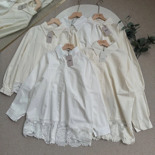 Image of Oclo Ronda Shirt Atasan Kemeja Katun Lace Renda Wanita Lengan Panjang OCL02236