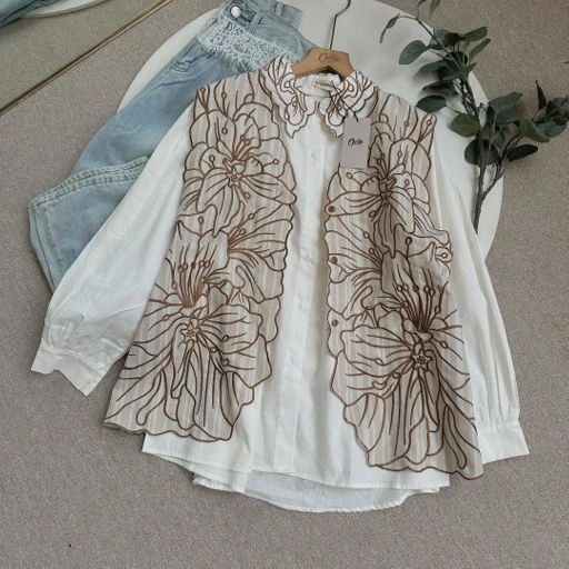 Image of Oclo Renebi Shirt Vest 2in1 Bunga Atasan Wanita Rompi Lengan Panjang Linen OCL01471