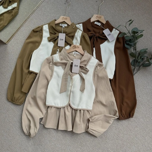 Image of Oclo Rikata Blouse Vest Kerah Tali Lengan Panjang Casual Dailywear OCL02892