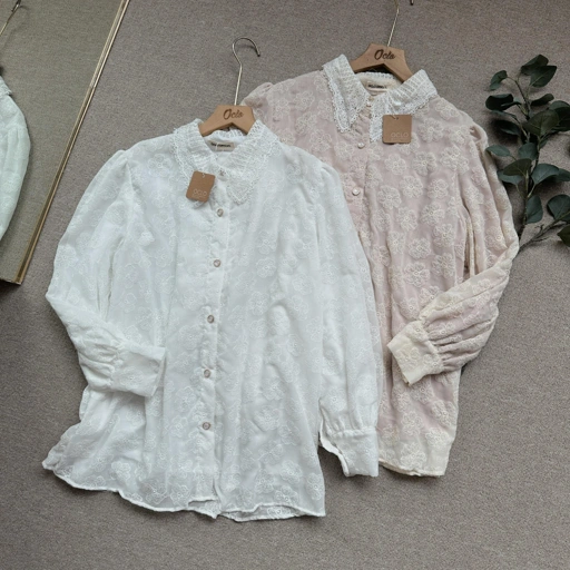 Image of Oclo Rosela Shirt Flower Lace Embroidery Casual Basic Dailywear