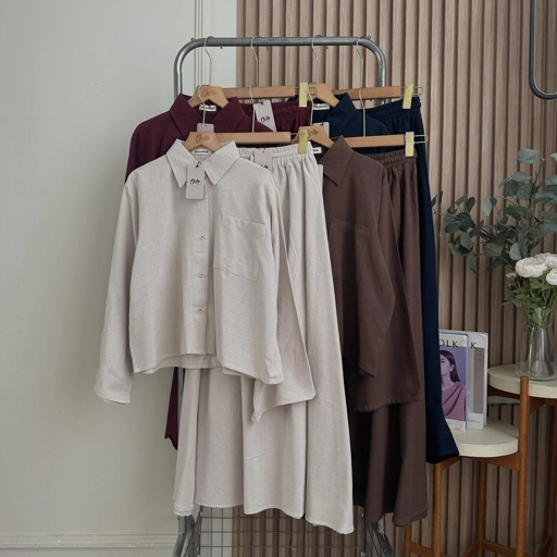 Image of Oclo Arvia Set Skirt Pakaian Rok Setelan Wanita Linen Lengan Panjang Premium Basic Casual Dailywear OCL01532