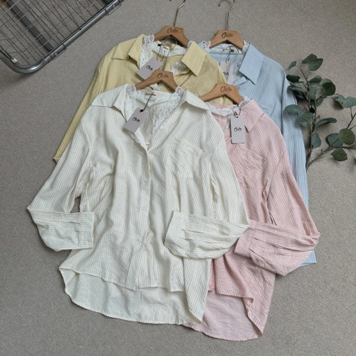 Image of Oclo Velin Shirt Baju Atasan Wanita Kemeja Salur Lace Kekinian Lengan Panjang Casual Korean Style Ootd Terbaru OCL01547