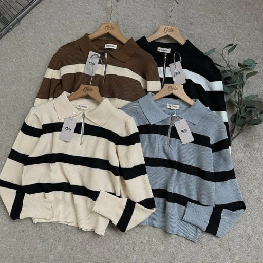 Image of Oclo Lindie Sweater Knit Rajut Stripe Resleting Casual Basic Dailywear Atasan Wanita OCL02998