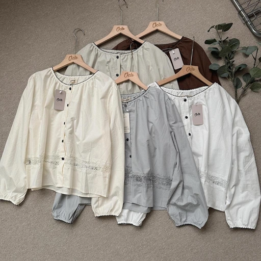 Image of Oclo Zhania Blouse Basic Casual Dailywear Atasan Wanita Lengan Panjang Kancing Renda OCL01558