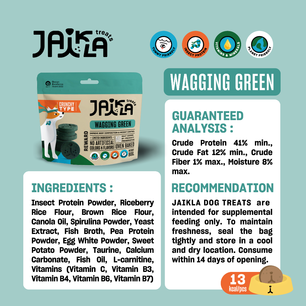 JAIKLA ขนมสุนัขเพื่อสุขภาพ สูตร WAGGING GREEN ควบคุมน้ำหนัก ช่วยเผาผลาญไขมันส่วนเกิน (80g)