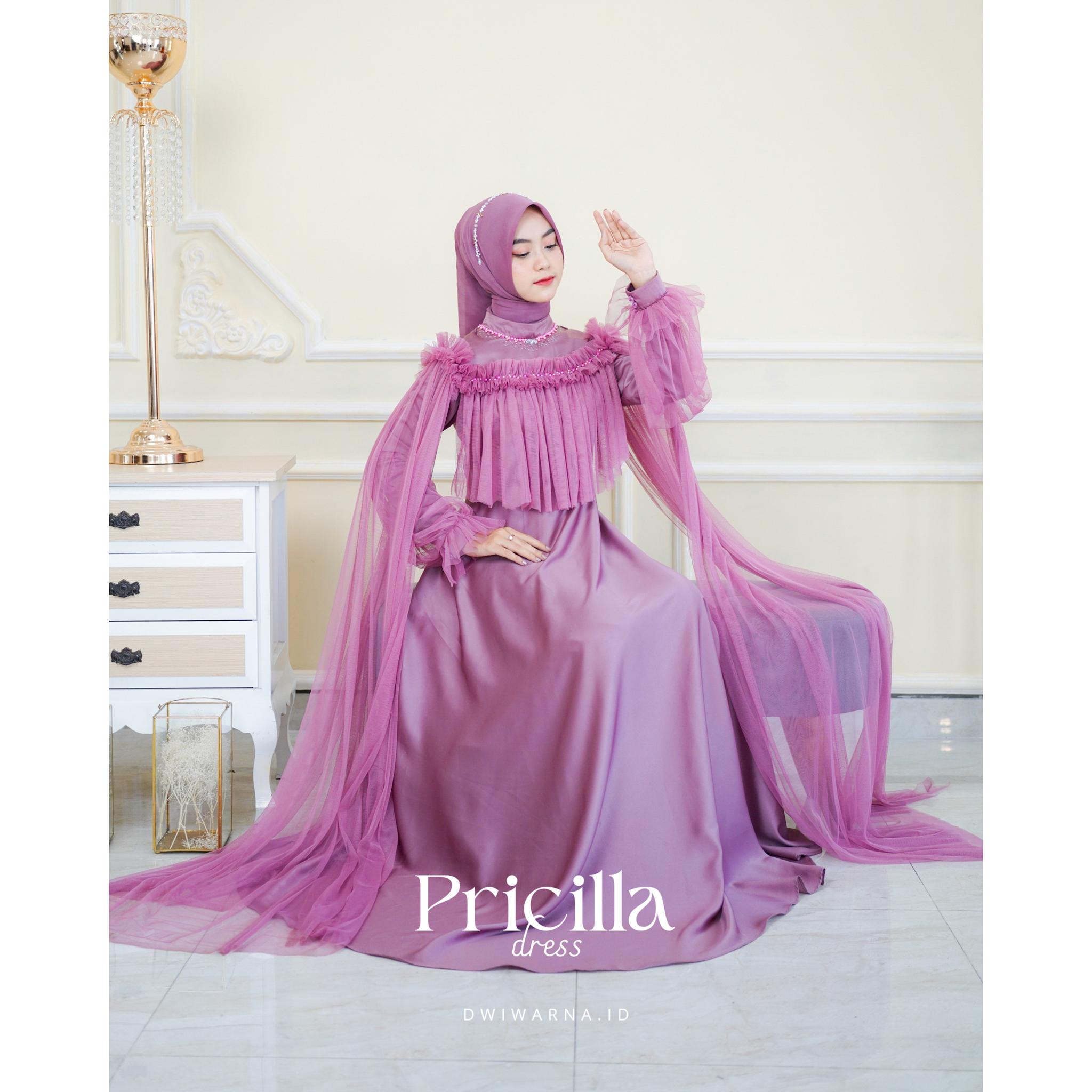 "Pricilla" Dress Tille Polos Full Payet By Dwiwarna Kombinasi Muslim Tile Pesta Kondangan Gamis Wanita Maxi Mewah
