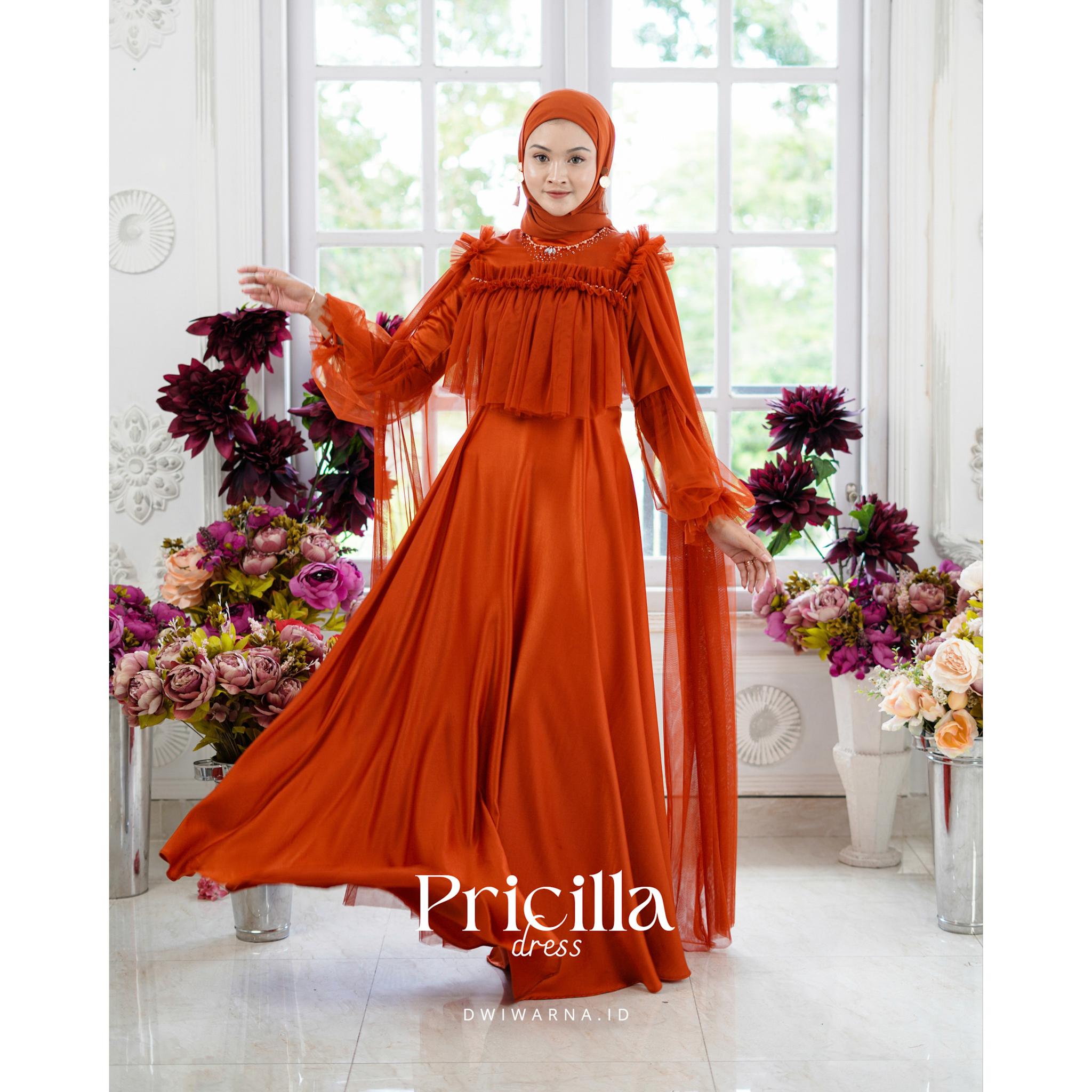 "Pricilla" Dress Tille Polos Full Payet By Dwiwarna Kombinasi Muslim Tile Pesta Kondangan Gamis Wanita Maxi Mewah