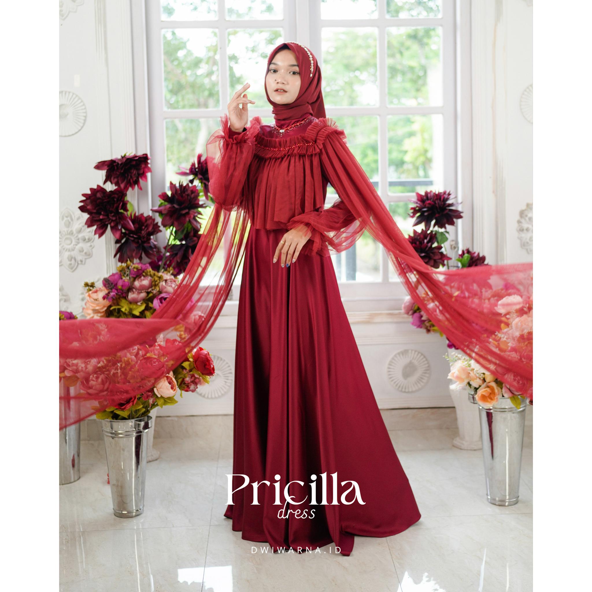 "Pricilla" Dress Tille Polos Full Payet By Dwiwarna Kombinasi Muslim Tile Pesta Kondangan Gamis Wanita Maxi Mewah