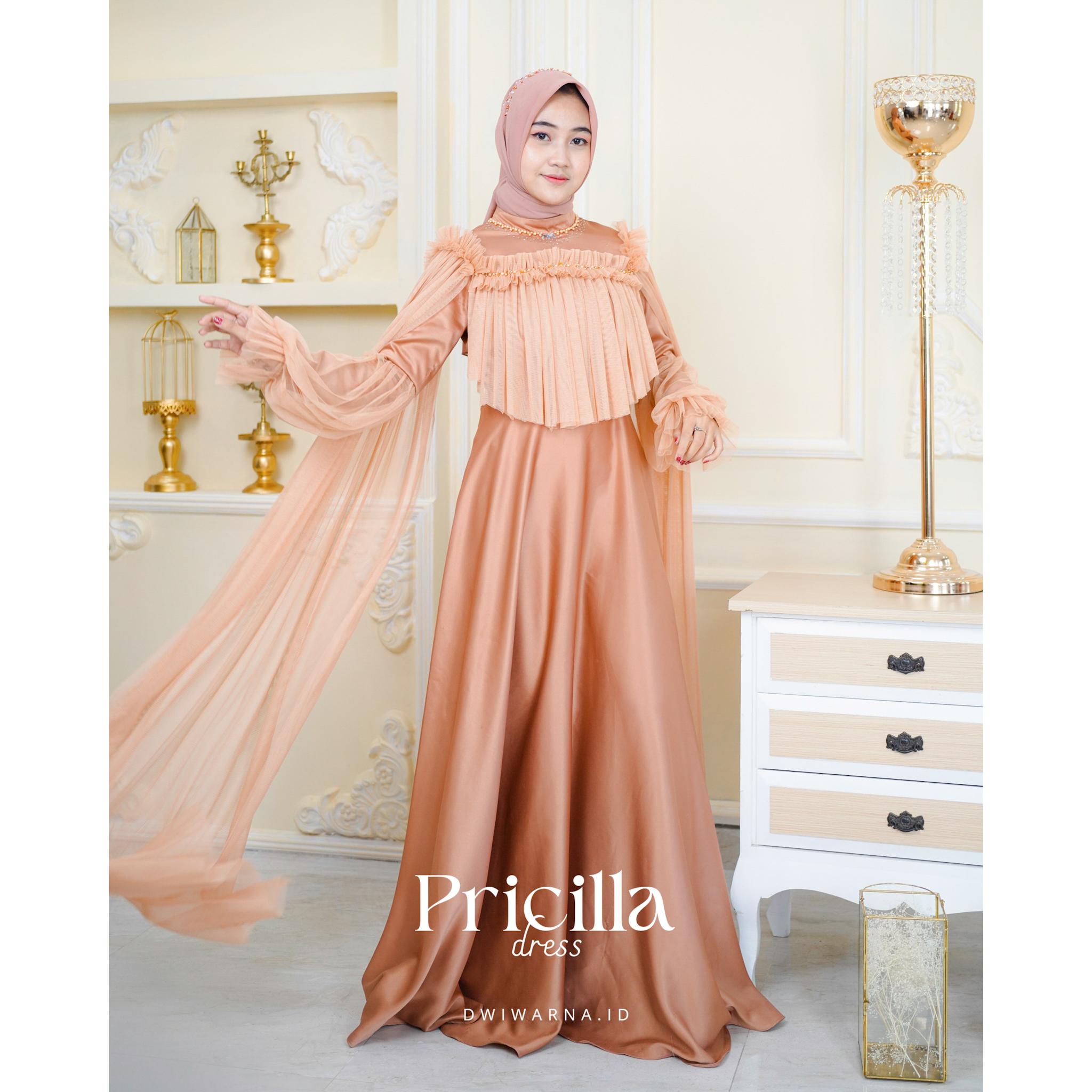 "Pricilla" Dress Tille Polos Full Payet By Dwiwarna Kombinasi Muslim Tile Pesta Kondangan Gamis Wanita Maxi Mewah