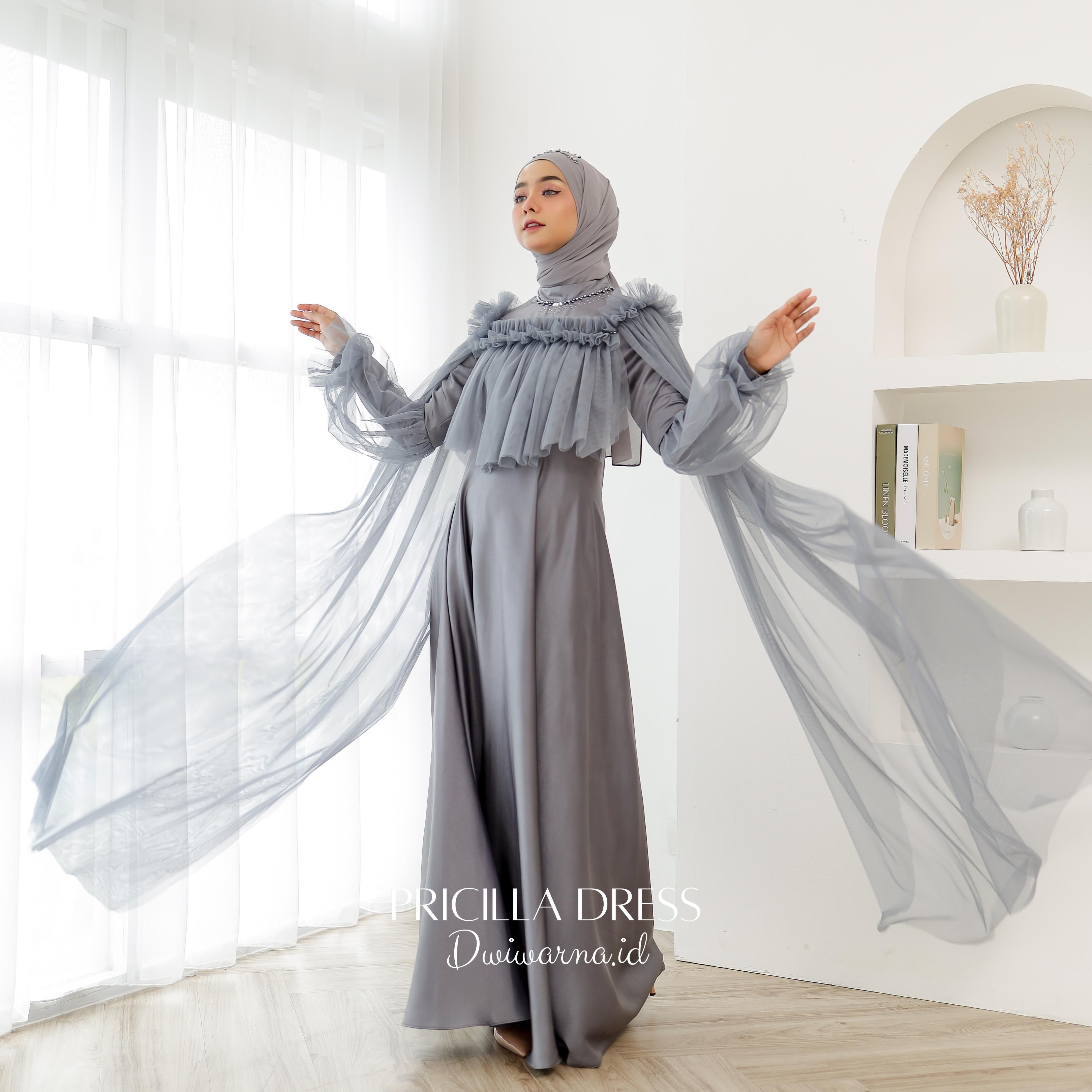 "Pricilla" Dress Tille Polos Full Payet By Dwiwarna Kombinasi Muslim Tile Pesta Kondangan Gamis Wanita Maxi Mewah