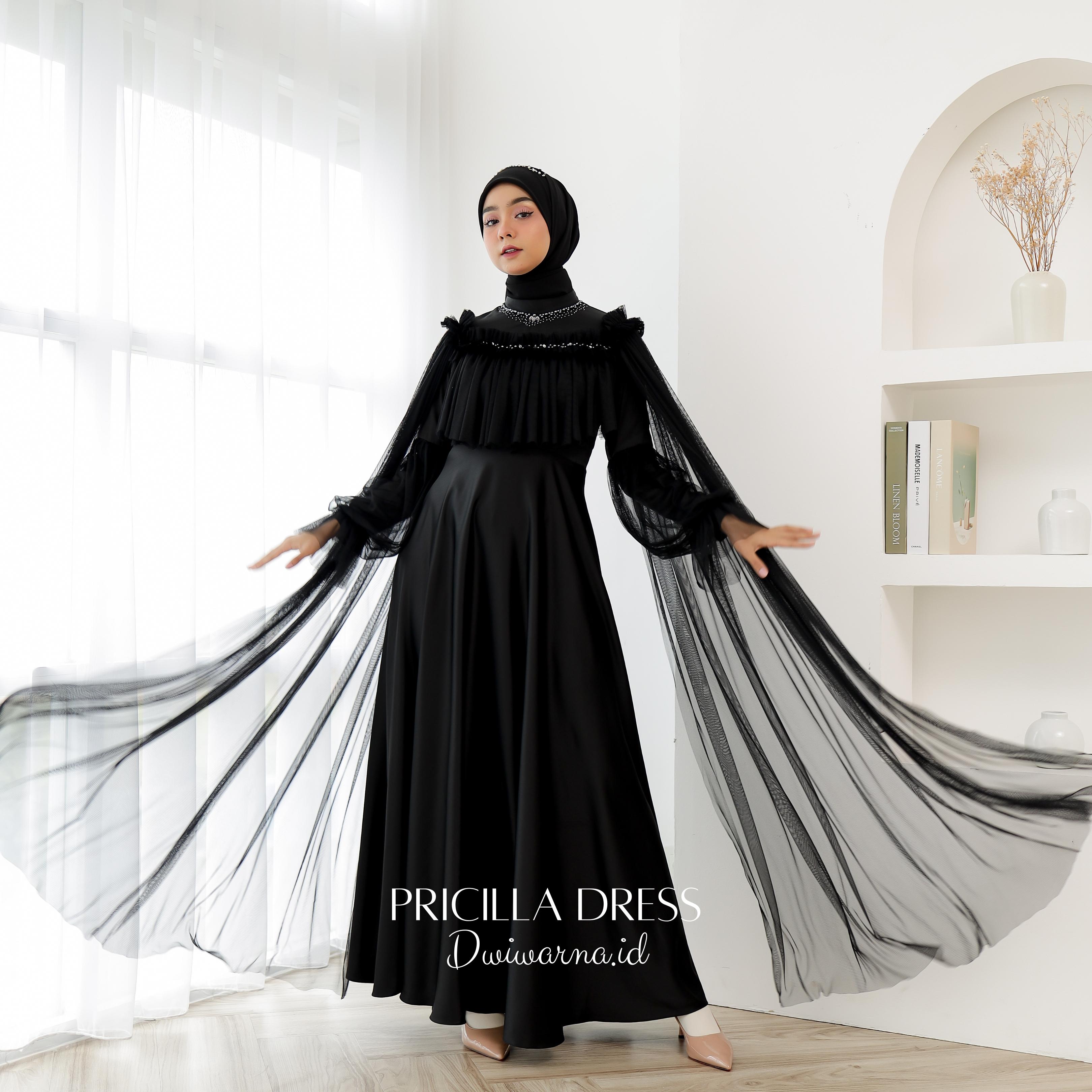 "Pricilla" Dress Tille Polos Full Payet By Dwiwarna Kombinasi Muslim Tile Pesta Kondangan Gamis Wanita Maxi Mewah