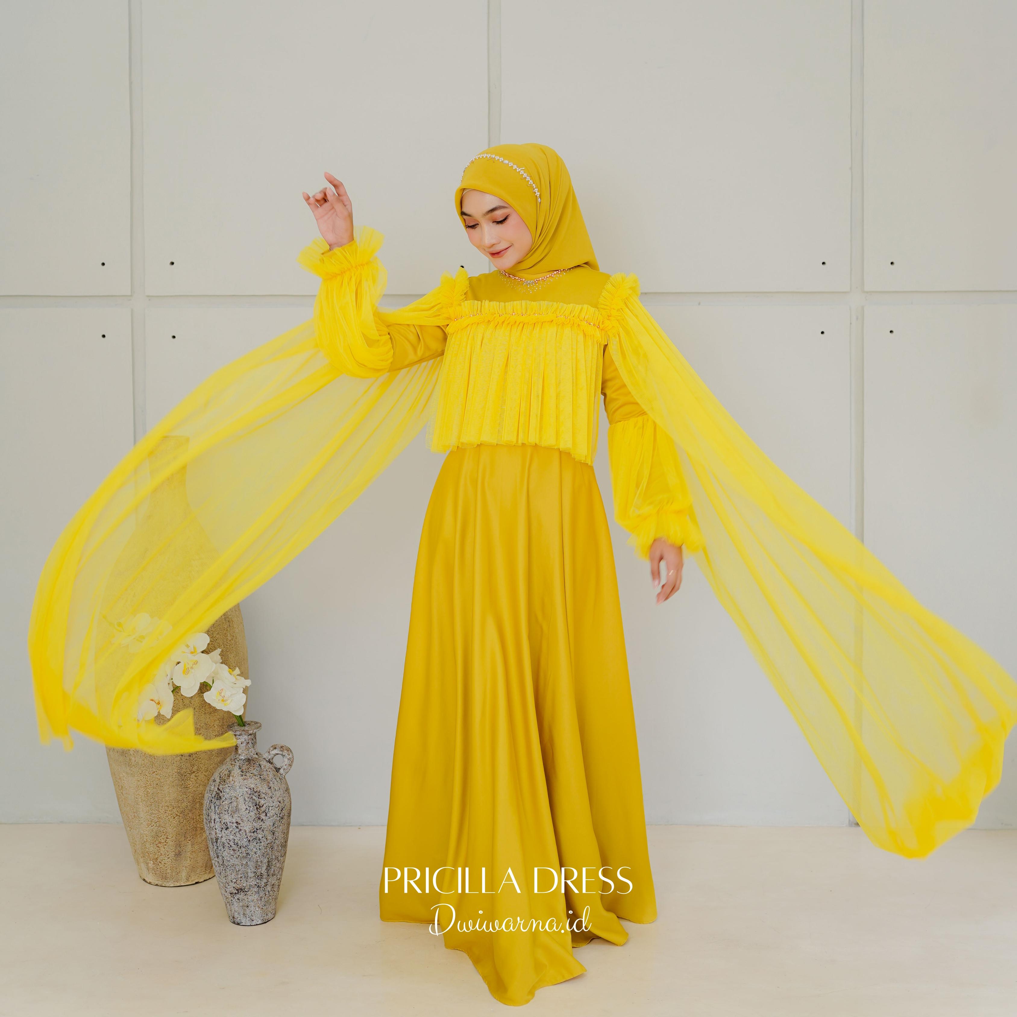 "Pricilla" Dress Tille Polos Full Payet By Dwiwarna Kombinasi Muslim Tile Pesta Kondangan Gamis Wanita Maxi Mewah