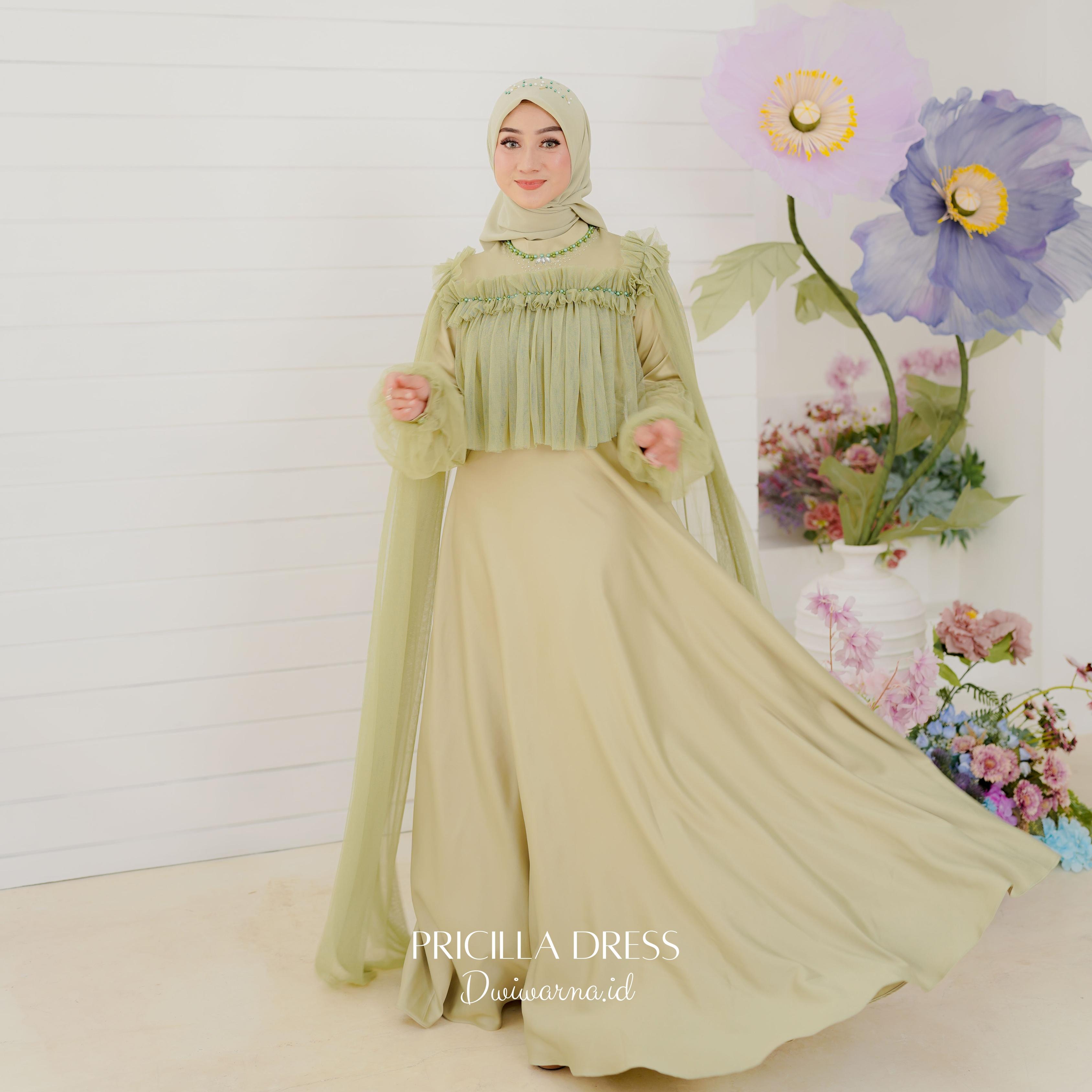 "Pricilla" Dress Tille Polos Full Payet By Dwiwarna Kombinasi Muslim Tile Pesta Kondangan Gamis Wanita Maxi Mewah