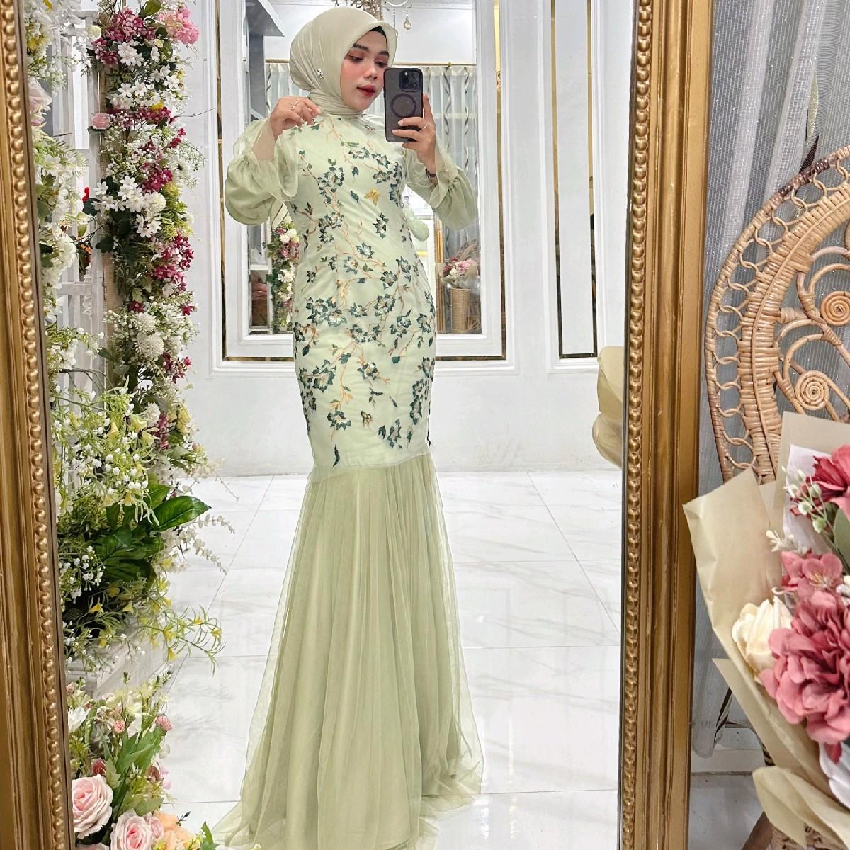 Jenna Dress Kondangan by Dwiwarna Cutting Mermaid Bahan Satin Premium Kombinasi tille Garden Eksklusif Banyak Pilihan Warna dan Size Cantik Formal