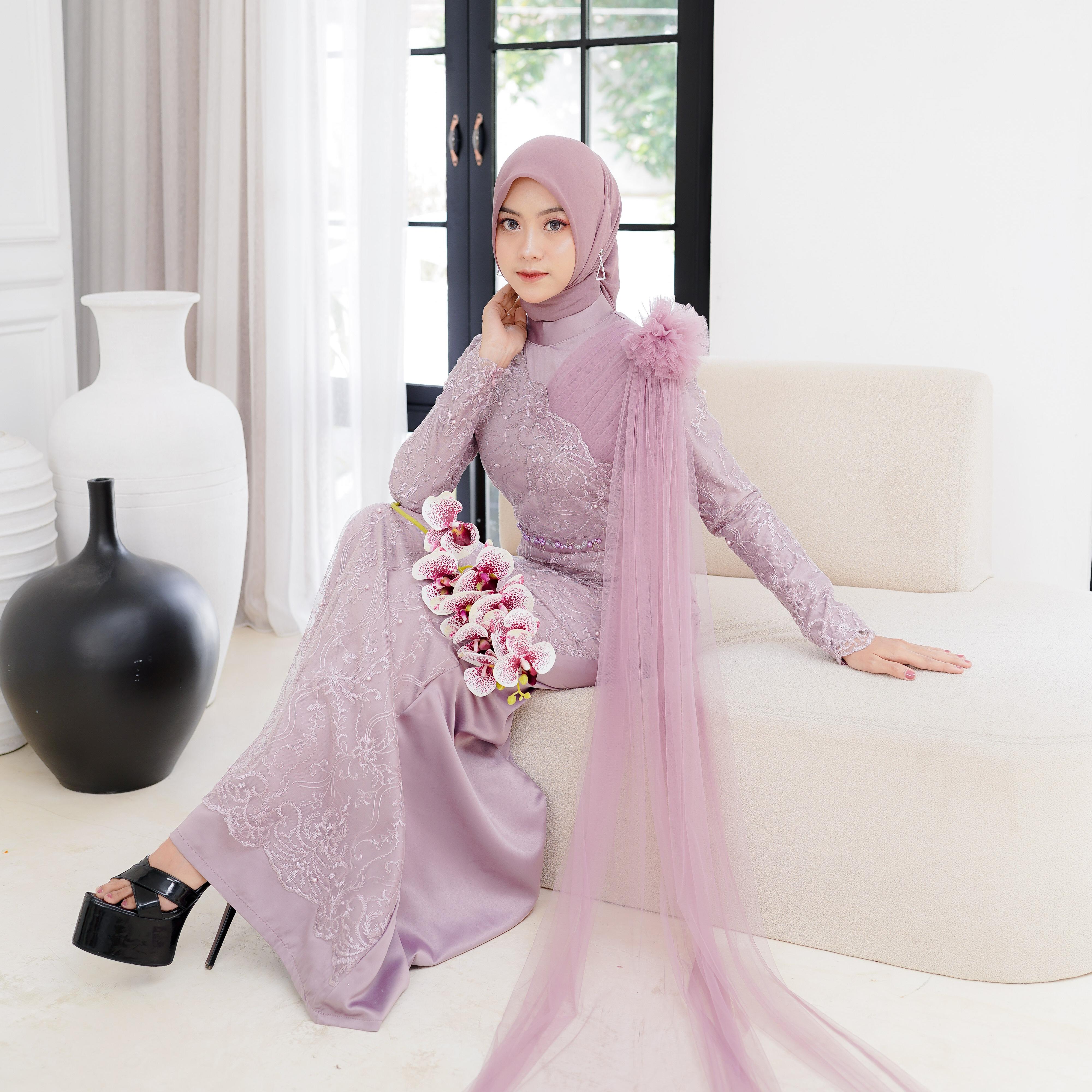 Arena Dres Mermaid payet Brukat Tile Halus Bunga Gaun Kombinasi Muslim Mewah Formal Mutiara Nyaman