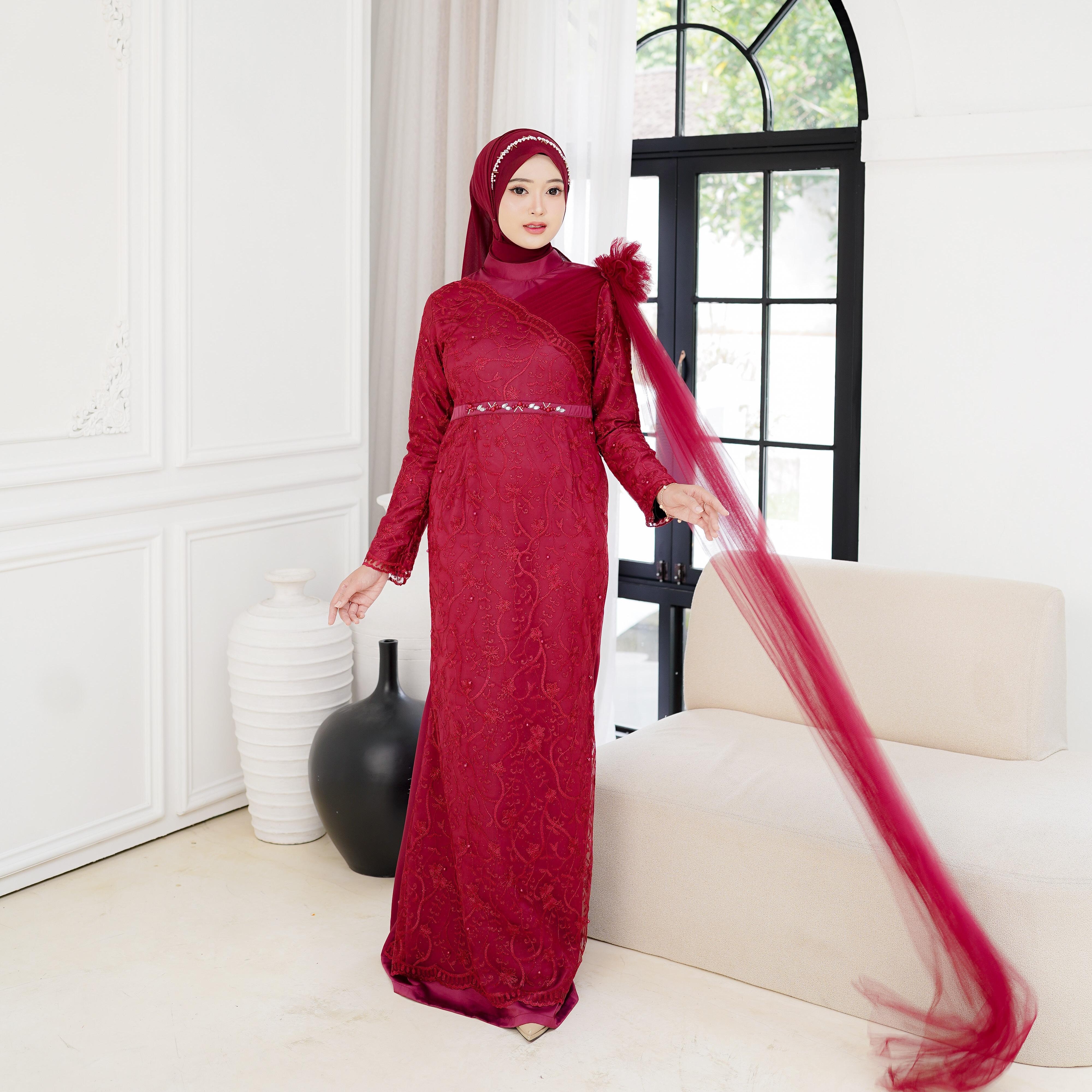 Arena Dres Mermaid payet Brukat Tile Halus Bunga Gaun Kombinasi Muslim Mewah Formal Mutiara Nyaman