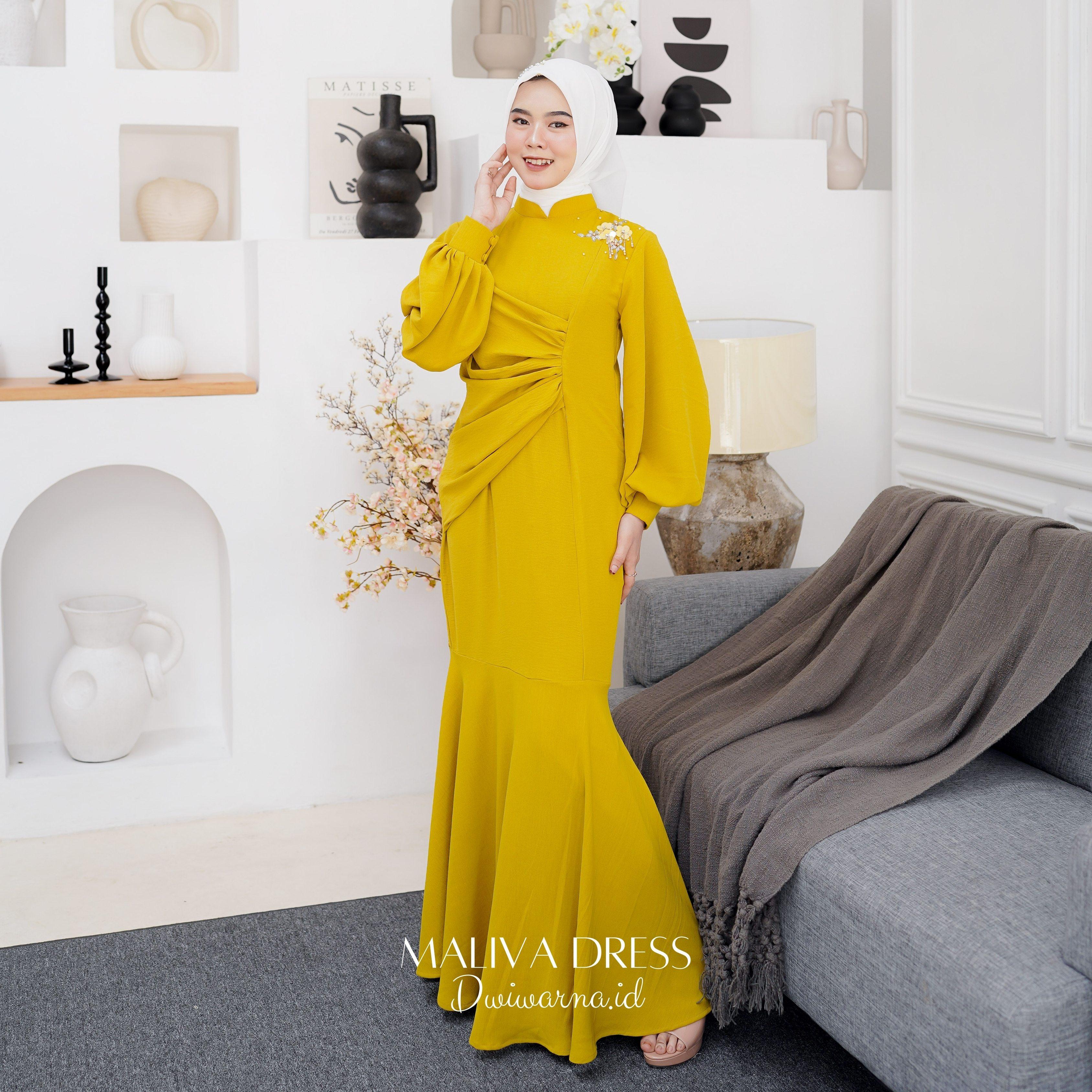 Maliva (Part 2) Dress Kondangan Terbaru Dwiwarna Crinkle Airflow Muslim Pesta Dewasa Mutiara Payet Gamis Wanita