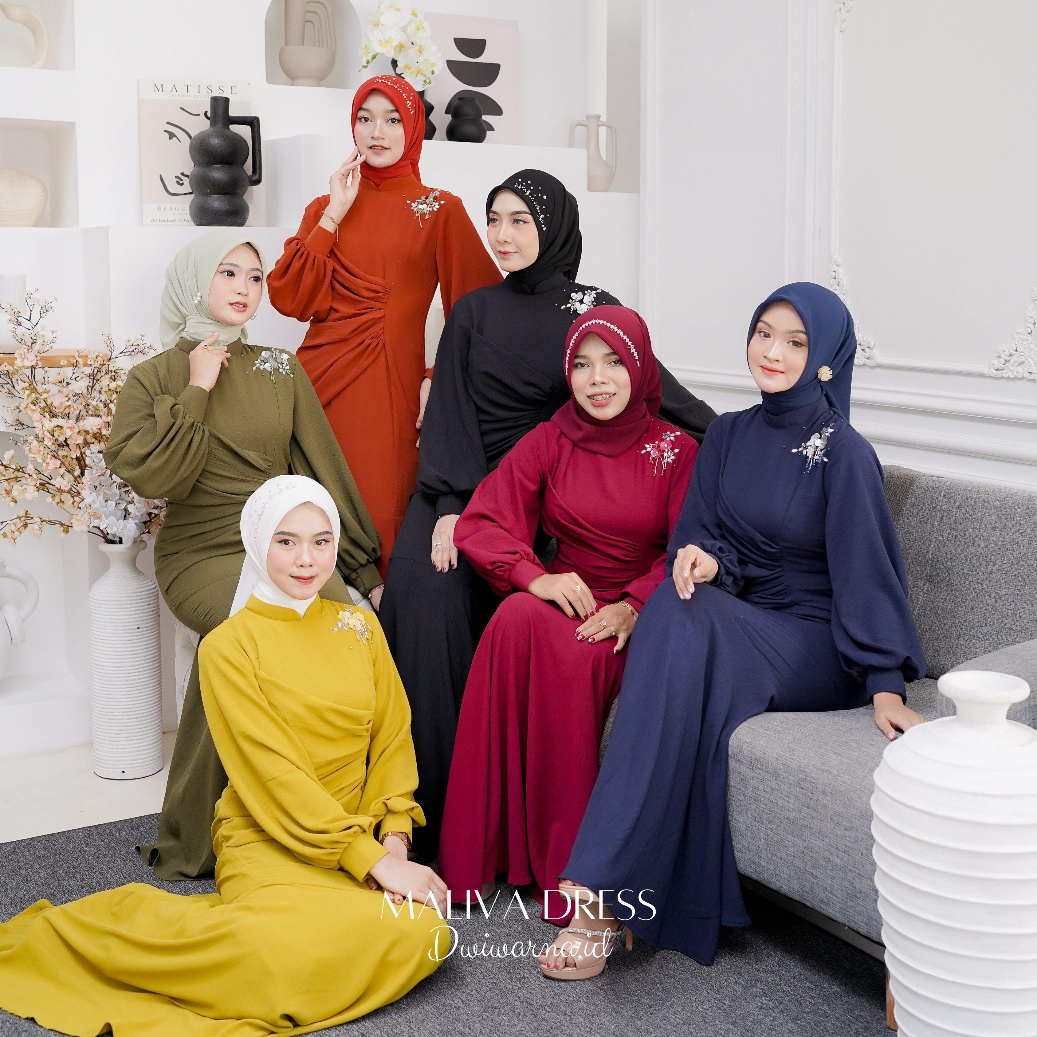 Maliva (Part 2) Dress Kondangan Terbaru Dwiwarna Crinkle Airflow Muslim Pesta Dewasa Mutiara Payet Gamis Wanita