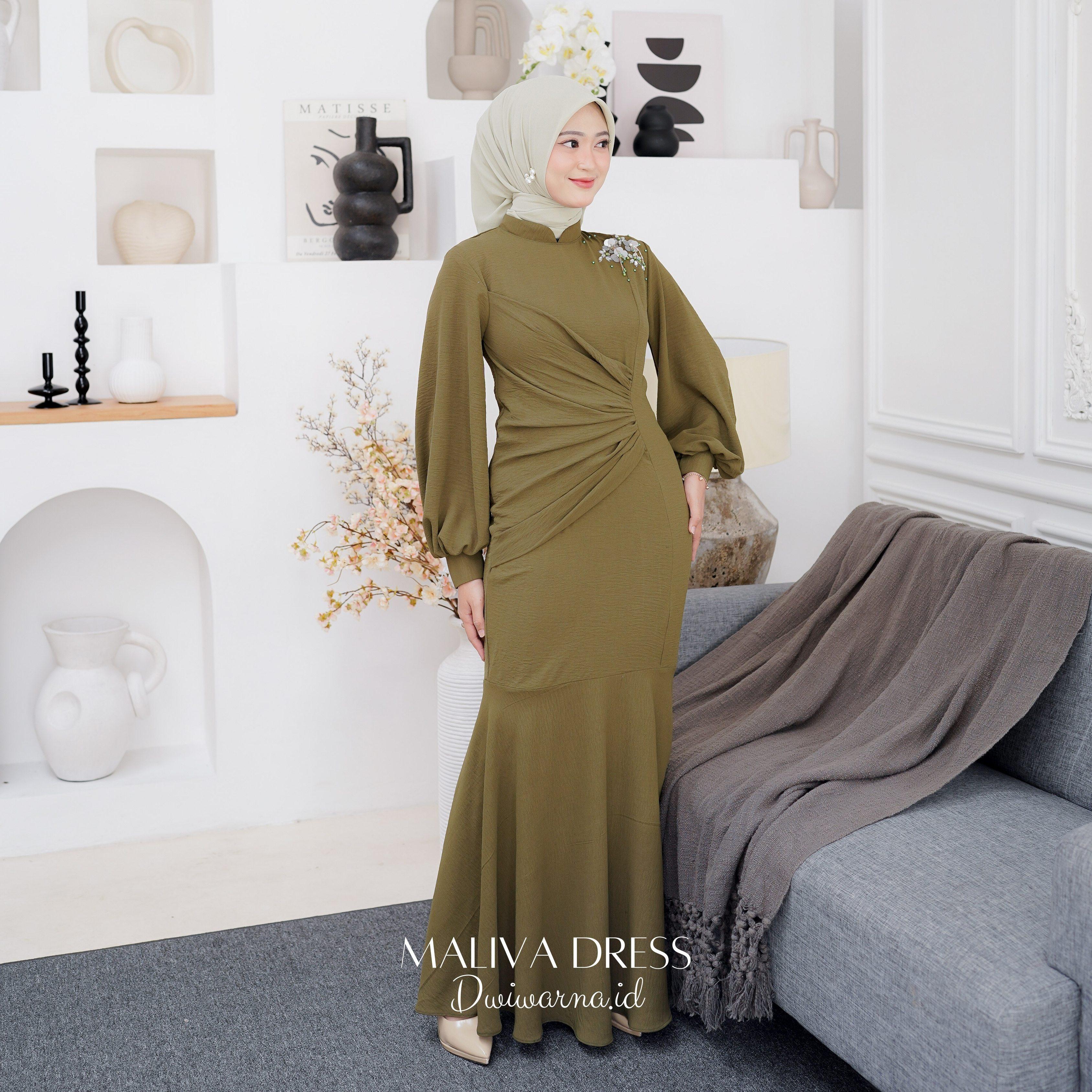 Maliva (Part 2) Dress Kondangan Terbaru Dwiwarna Crinkle Airflow Muslim Pesta Dewasa Mutiara Payet Gamis Wanita