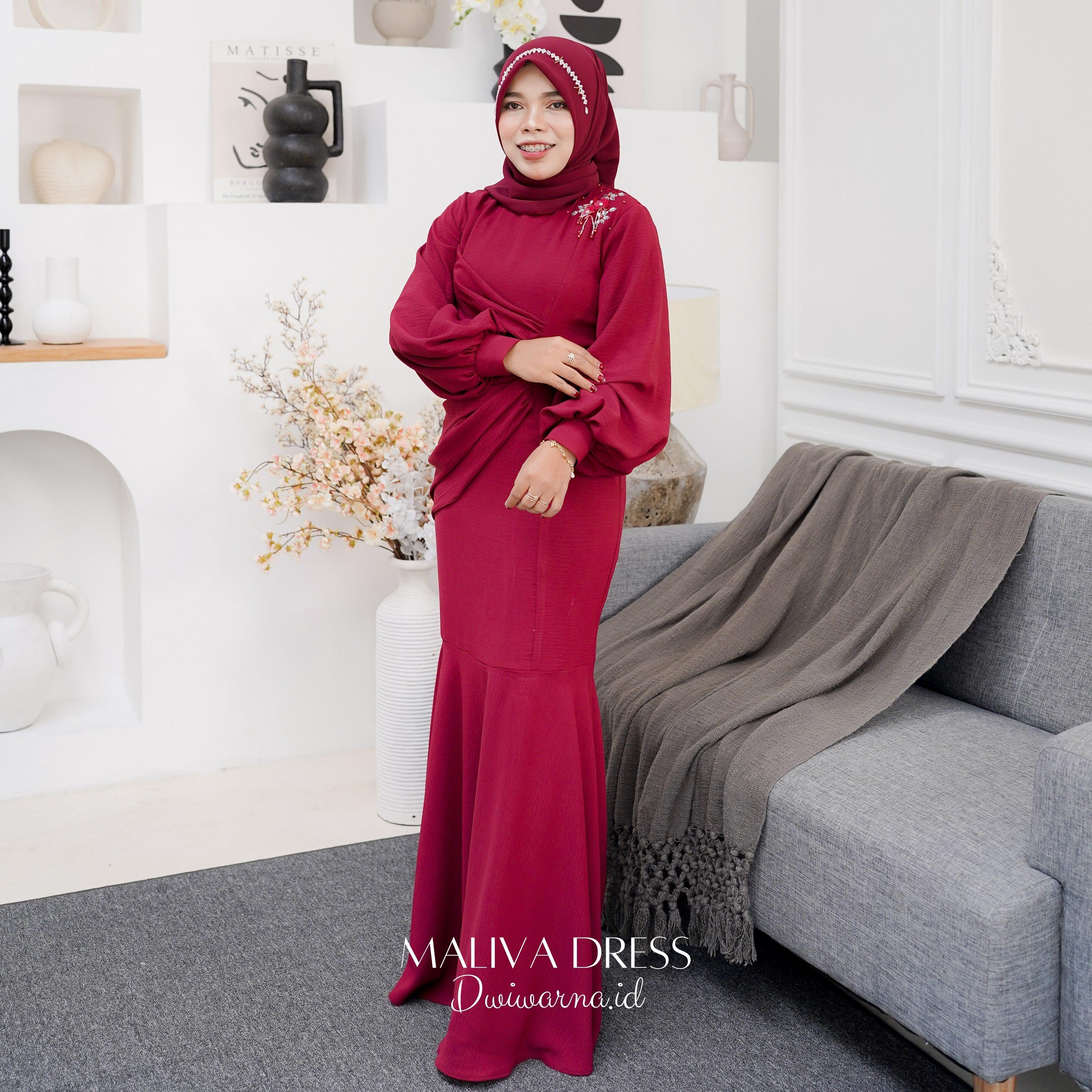 Maliva (Part 2) Dress Kondangan Terbaru Dwiwarna Crinkle Airflow Muslim Pesta Dewasa Mutiara Payet Gamis Wanita