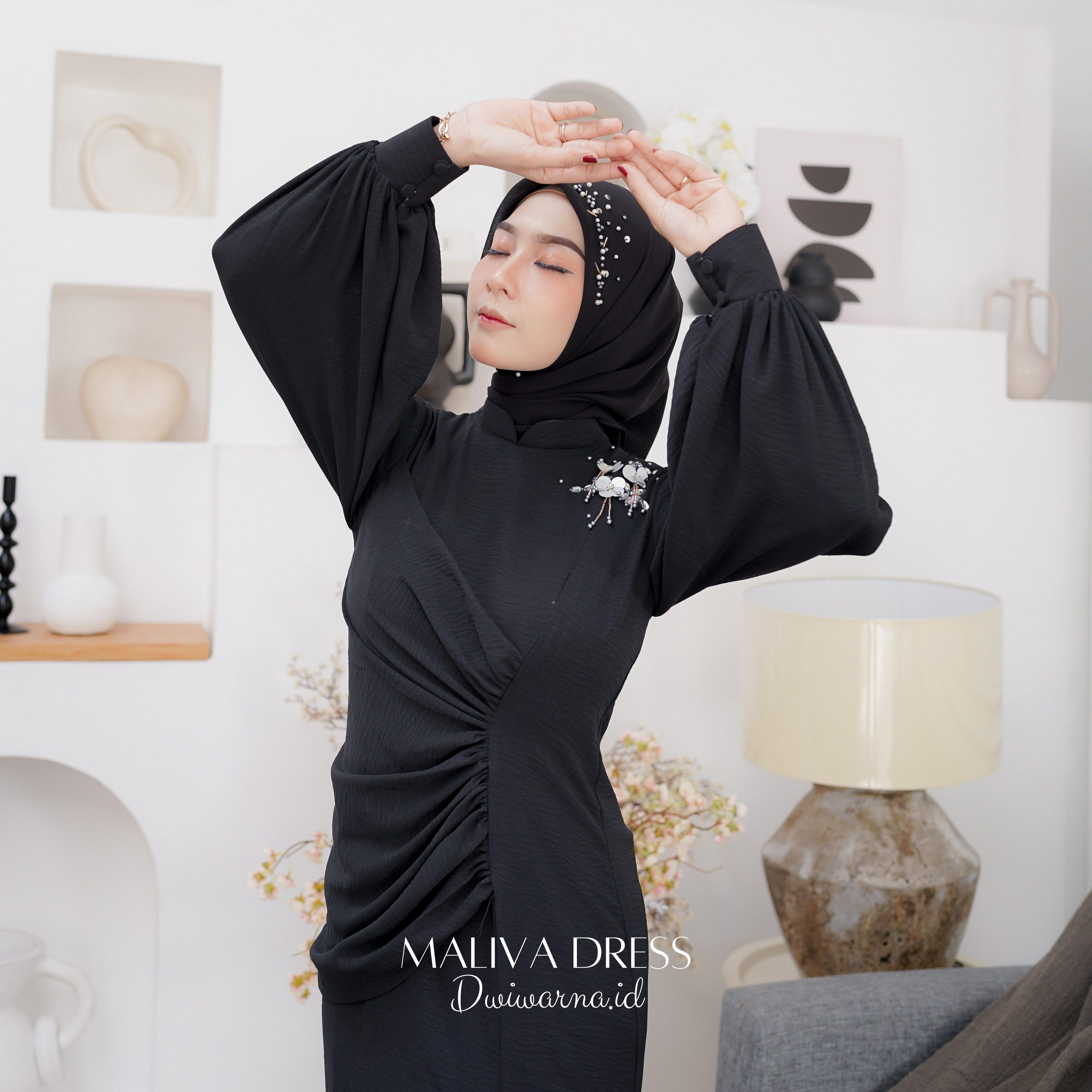 Maliva (Part 2) Dress Kondangan Terbaru Dwiwarna Crinkle Airflow Muslim Pesta Dewasa Mutiara Payet Gamis Wanita